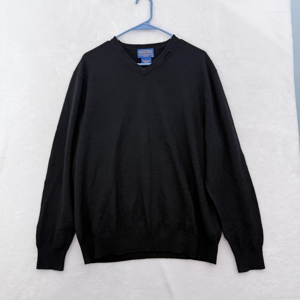 Pendleton Sweater Mens L Black Merino Wool V Neck Stretch Pullover Knit